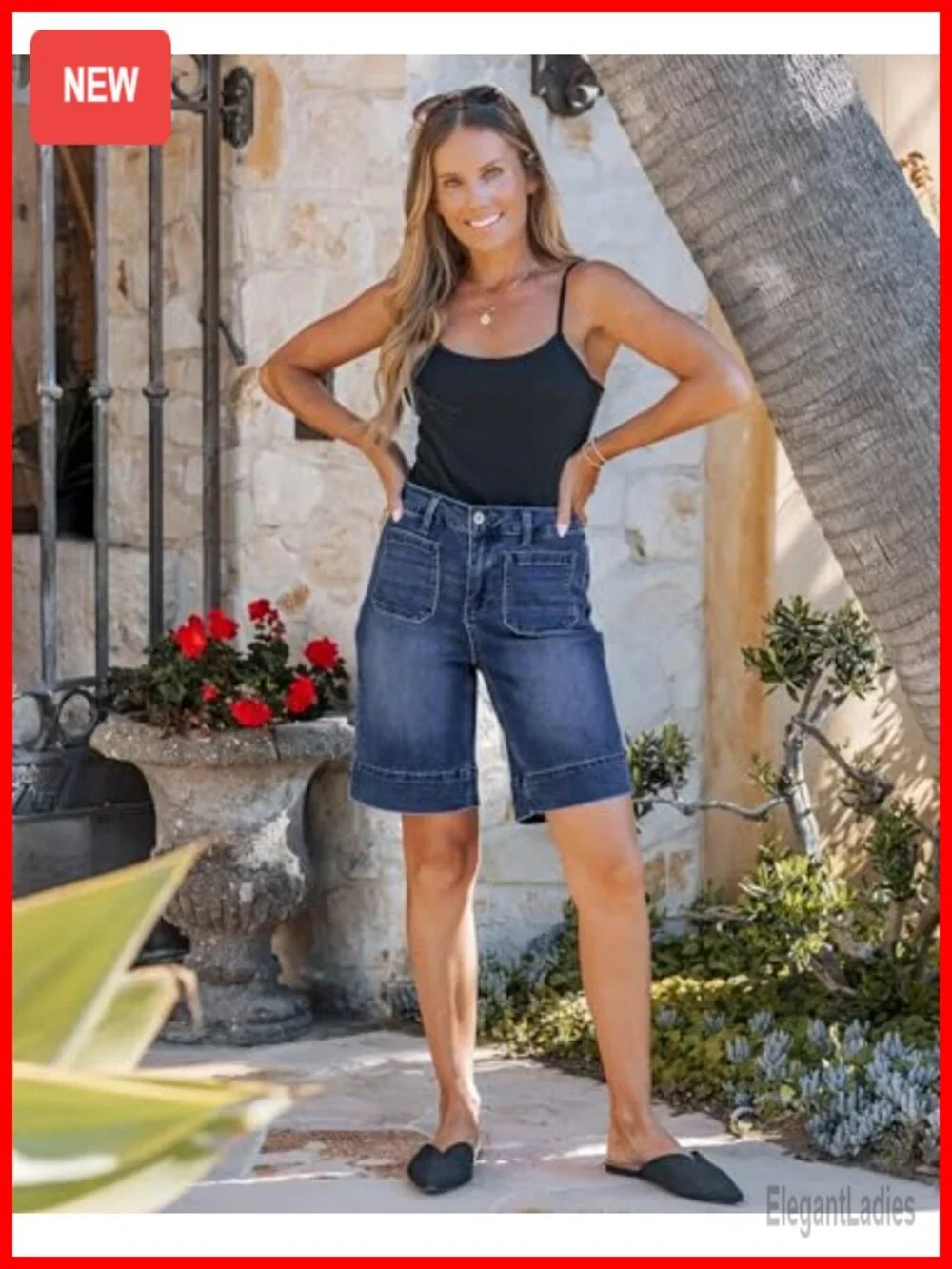 High Rise Denim Bermuda Shorts for Women with Pockets 10in Inseam Casual Summer